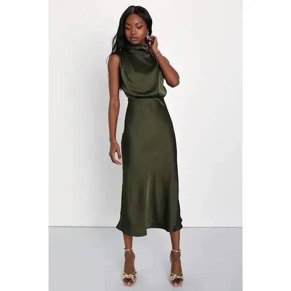 NWT NEVER WORN Lulus Distinctive Charm Olive Green Satin Asymm Dress - Size S - Picture 1 of 2